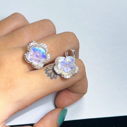 SET MẶT DÂY CHUYỀN VÀ NHẪN ĐÁ MOONSTONE BỌC BẠC TA ĐÍNH KIM MOISSANITE